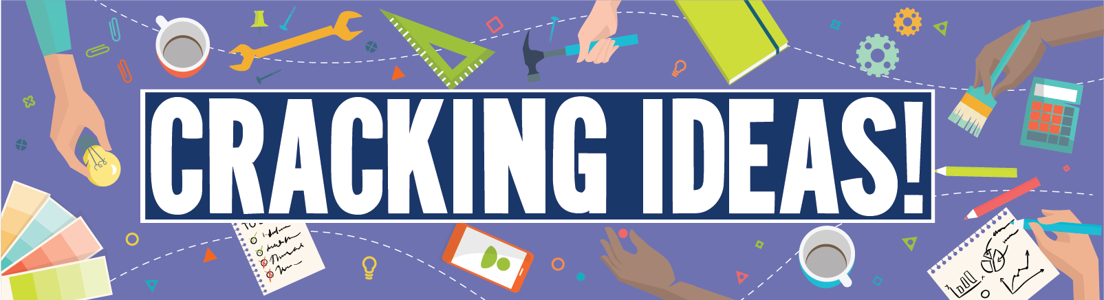 Cracking Ideas text with invention tools surrounding